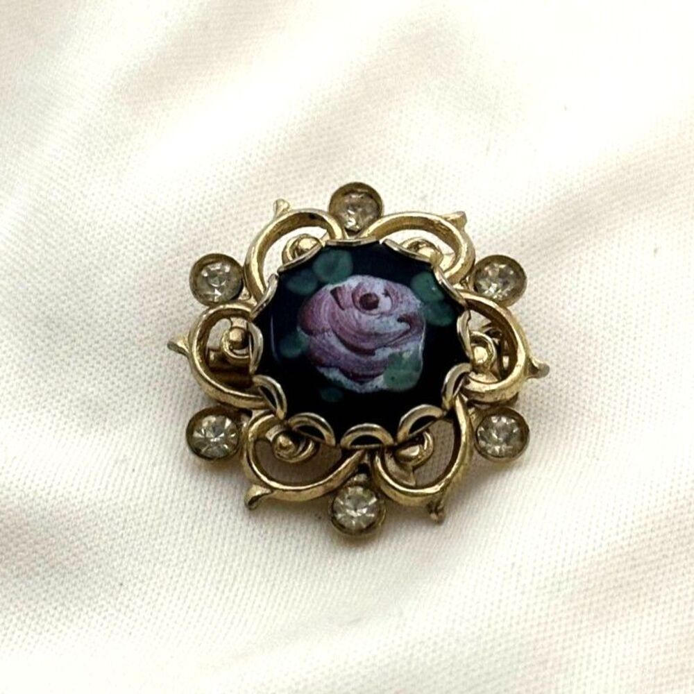 Small Painted Rose Cabochon and Rhinestone whimsigoth Brooch Lapel Pin